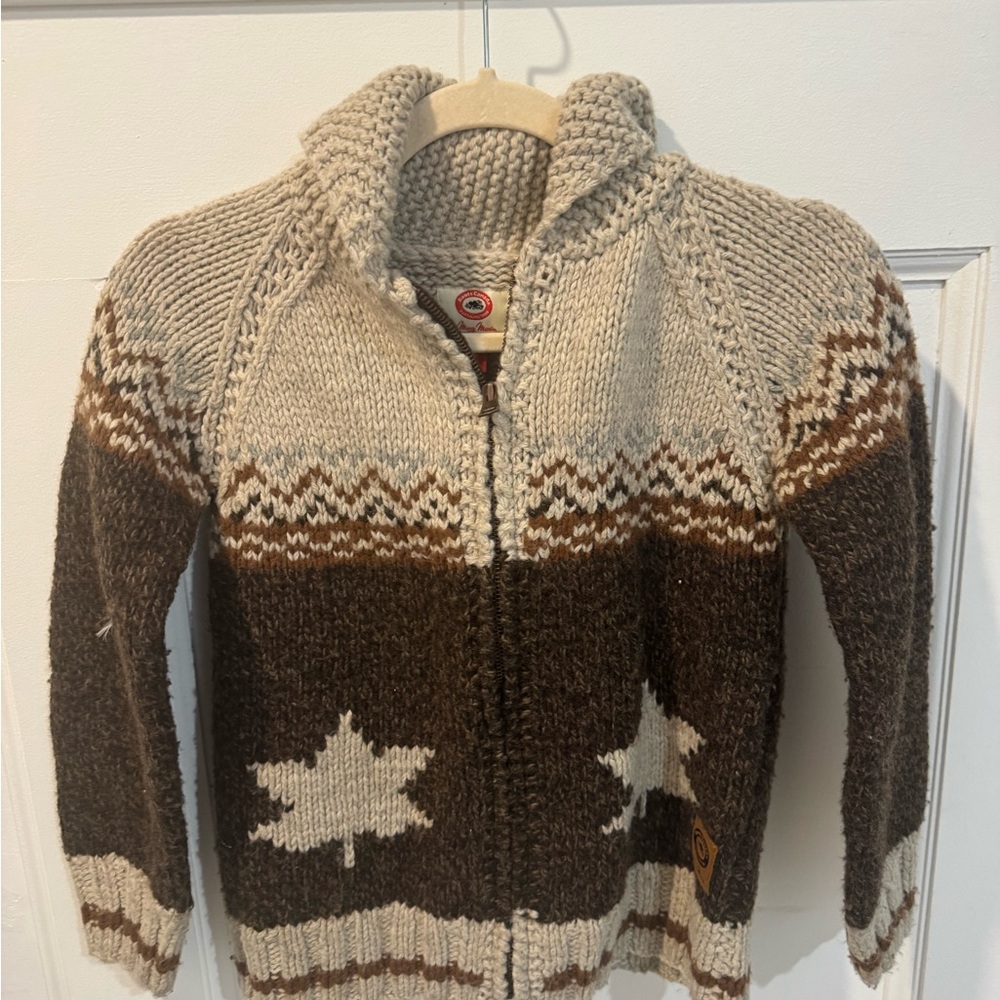 Roots x Mary Maxim Brown and Cream Knit Cardigan kids 7-8